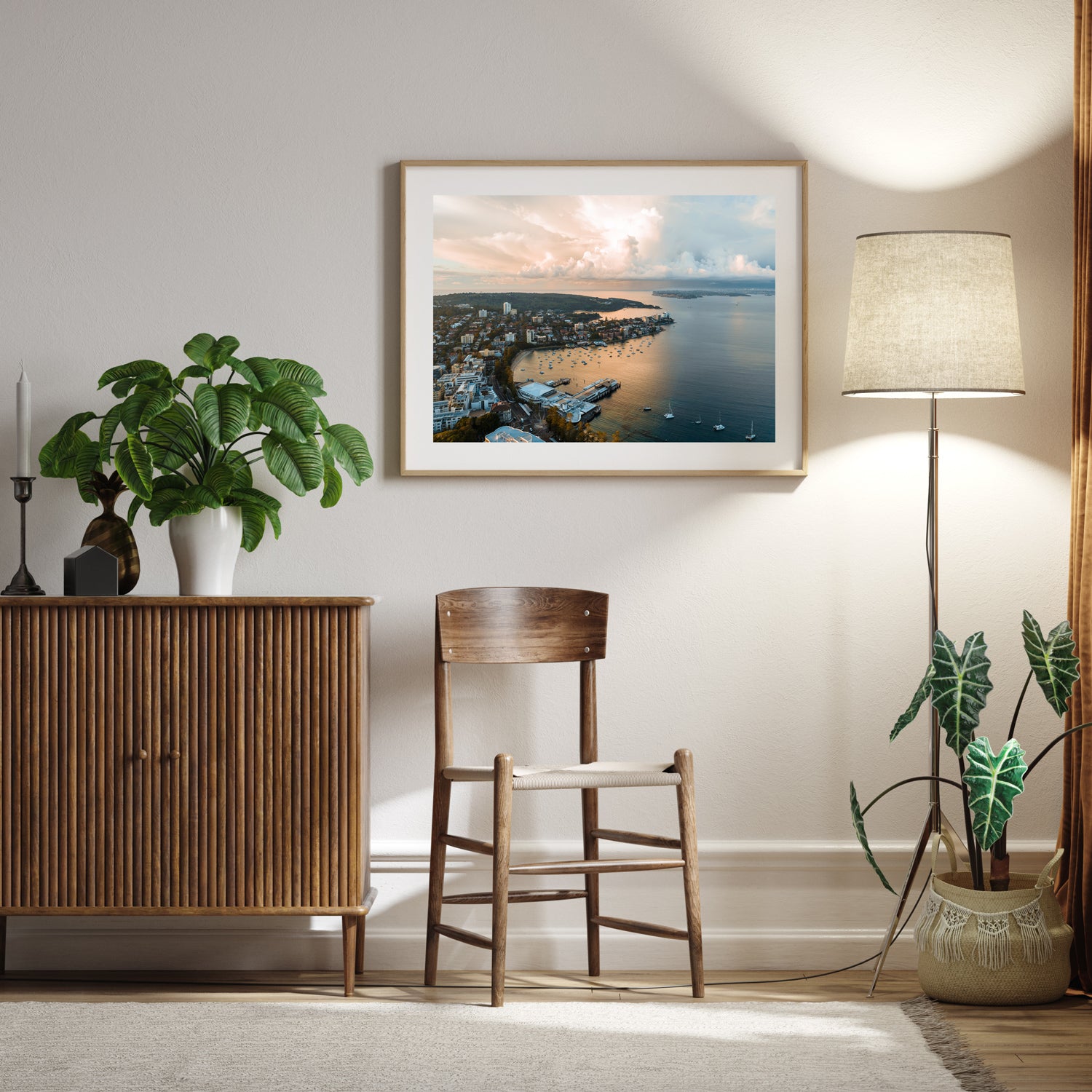 East Manly Cove aerial seascape in oak frame - coastal photography wall art