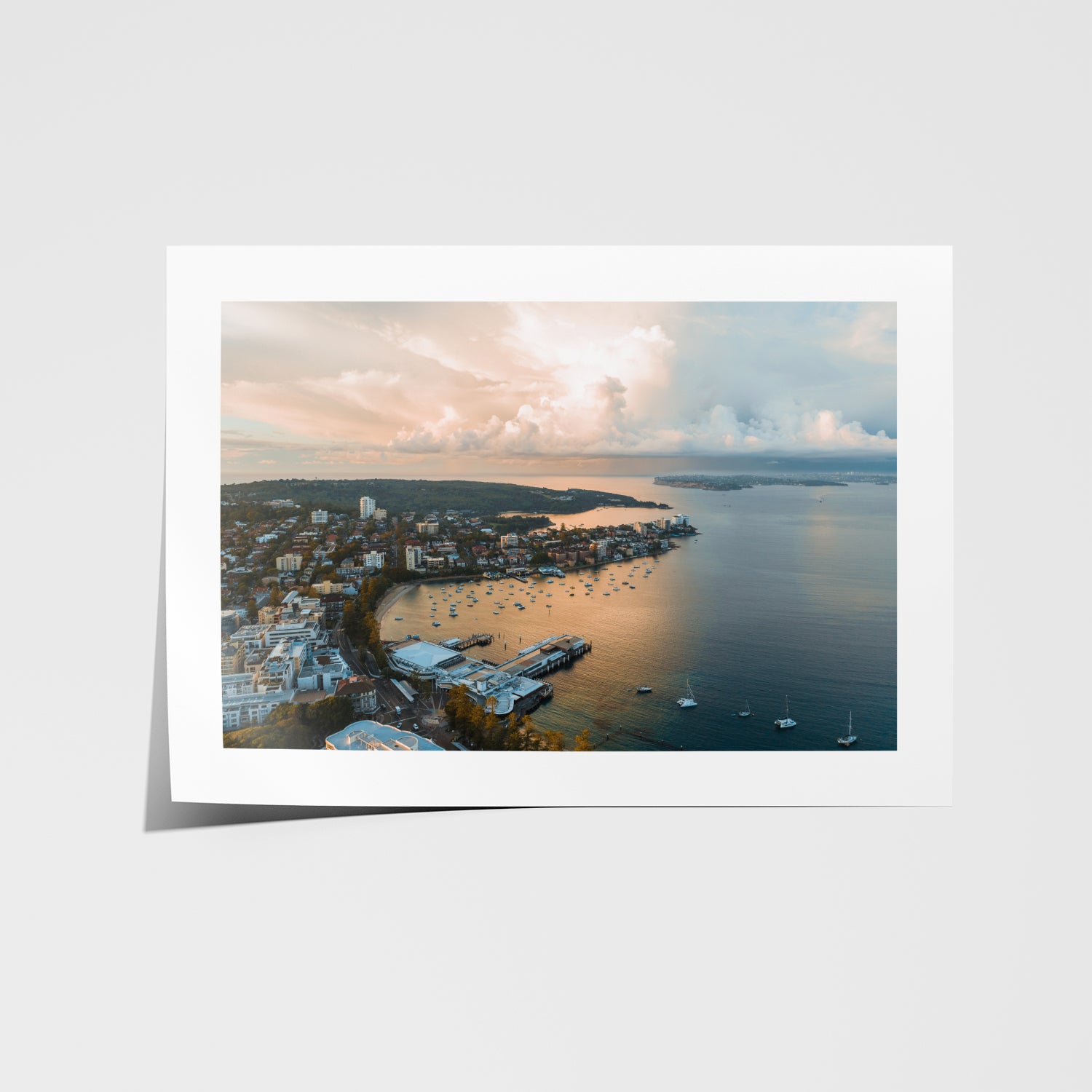 East Manly Cove aerial seascape in white frame - coastal Sydney wall art
