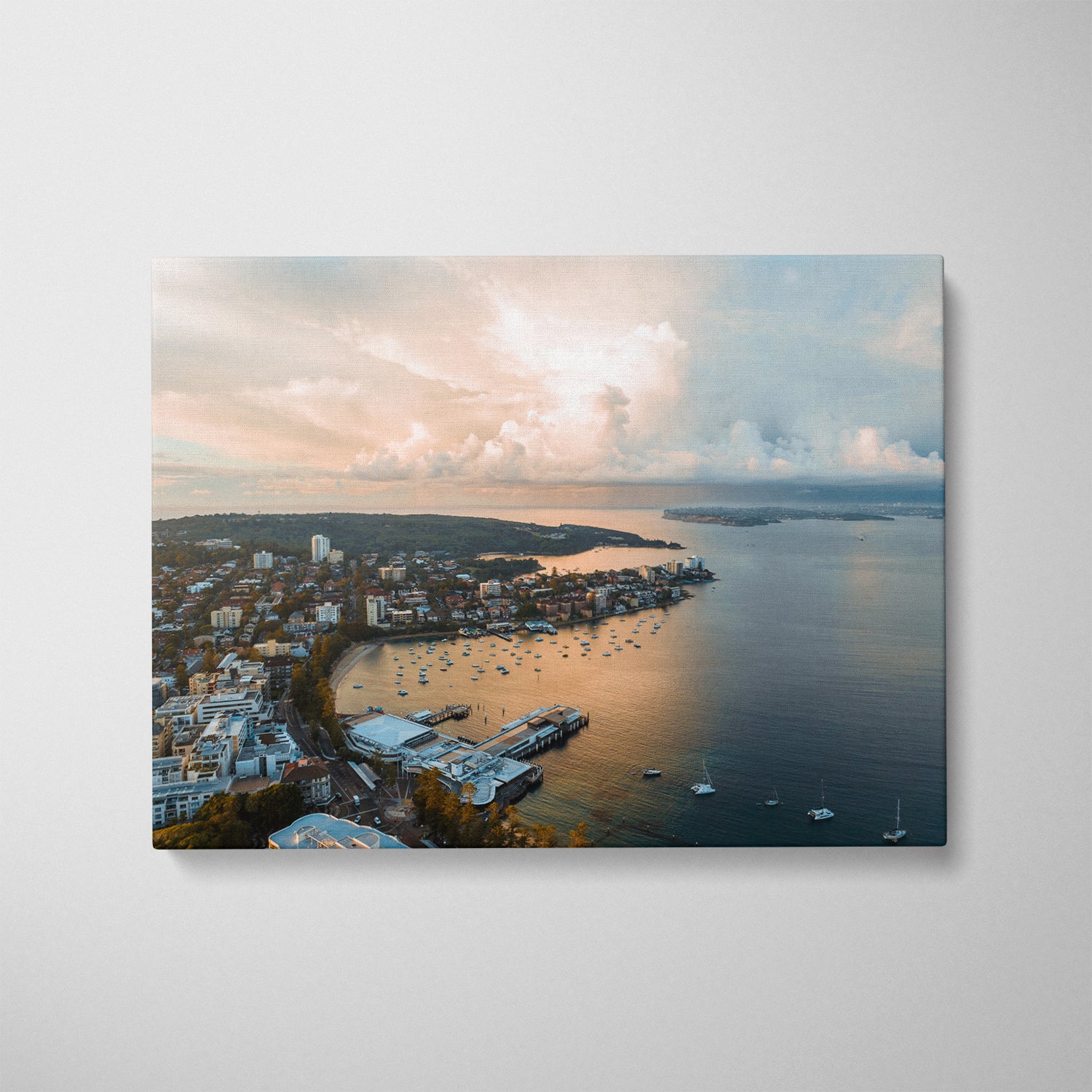 Manly Cove aerial seascape in white frame - coastal photography wall art for modern homes