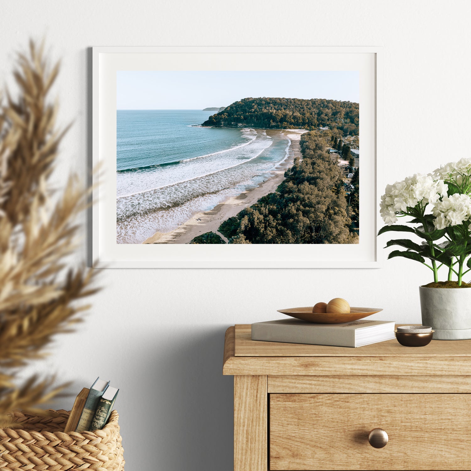 Overlooking Pearl Beach coastal seascape in white frame - Australian beach wall art