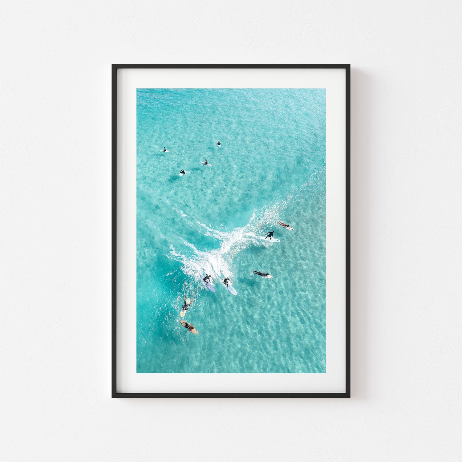 Party Wave aerial beach scene in black frame - coastal surf photography wall art