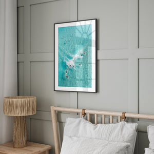Party Wave surfers catching ocean wave - coastal surf photography wall art for beach homes