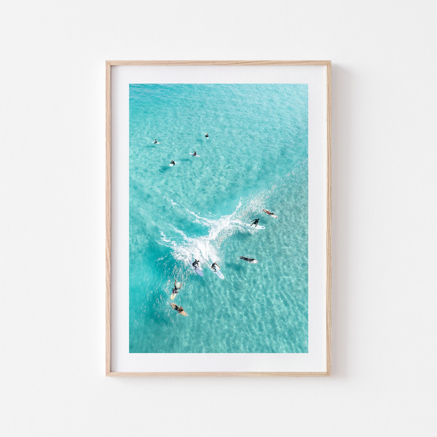 Party Wave surfers riding together - coastal photograph in oak frame - beach home wall art