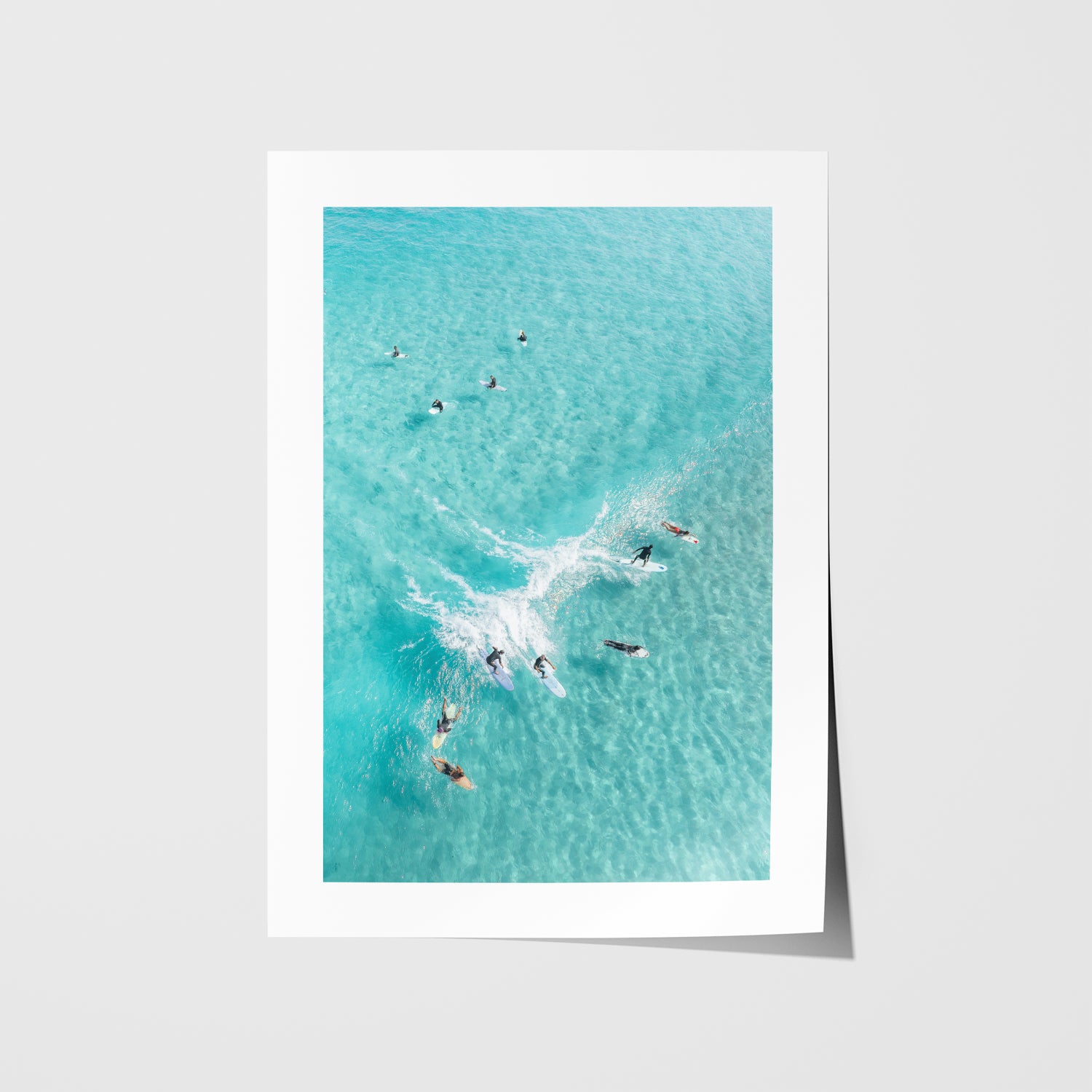 Party Wave surfers catching wave in white frame - coastal surf photography wall art