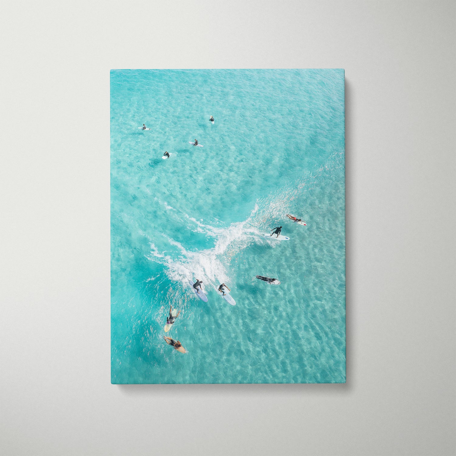 Party Wave surfers riding together in black frame - coastal surf lifestyle wall art