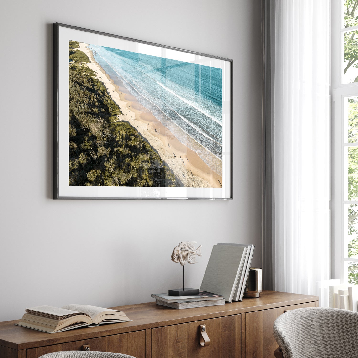 Pearl Beach coastal landscape in black frame - tranquil seascape wall art for beach homes