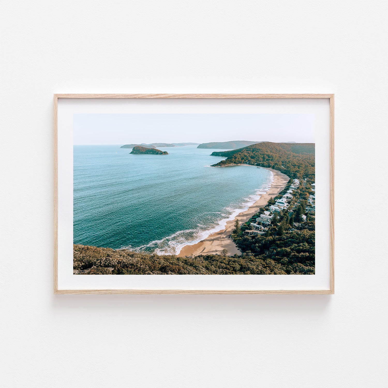 Pearl Beach coastal landscape in oak frame - Australian seascape wall art for beach homes