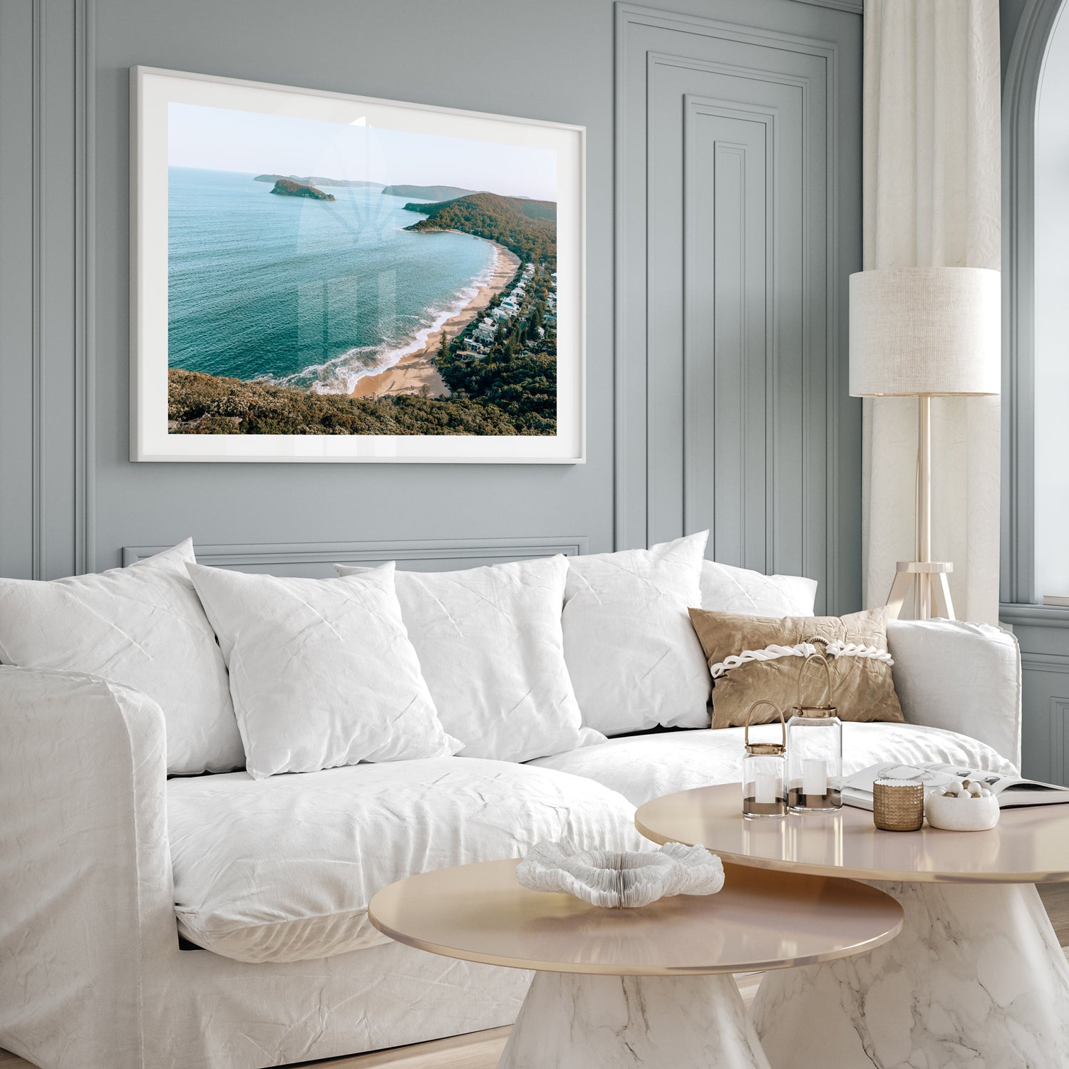 Pearl Beach coastal seascape in white frame - Australian beach wall art for coastal homes