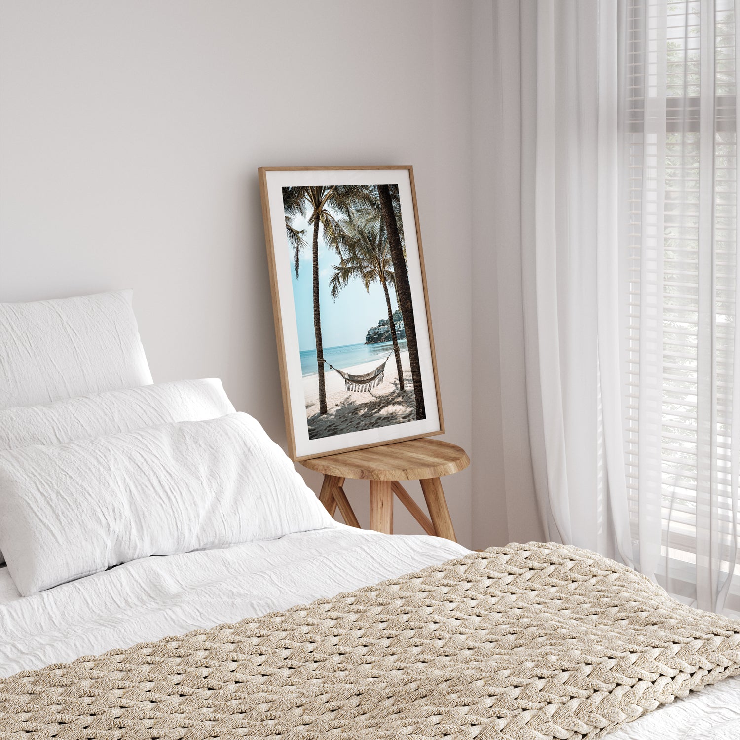 Place To Be" coastal landscape in oak frame - serene beach wall art for modern homes