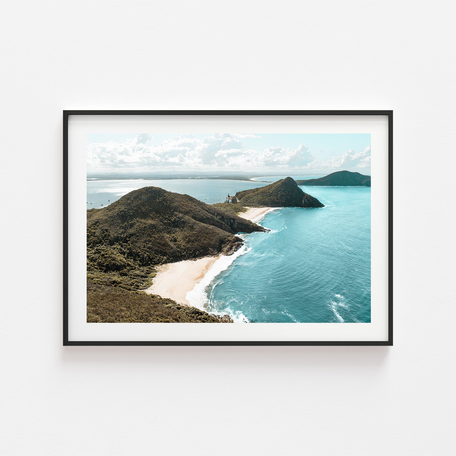 Port Stephens coastal landscape in black frame - seascape photography wall art