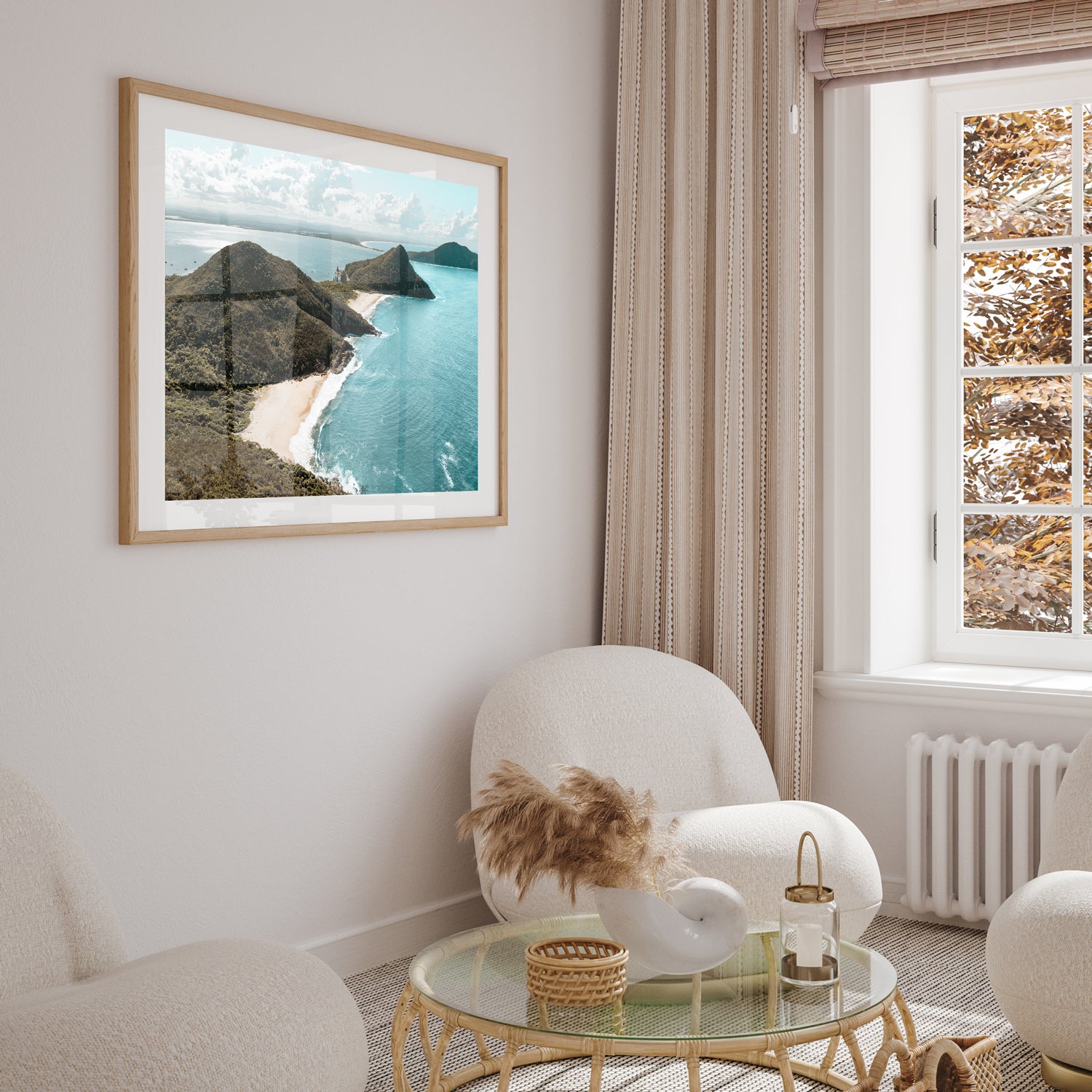 Port Stephens coastal landscape in oak frame - seascape wall art for modern Australian