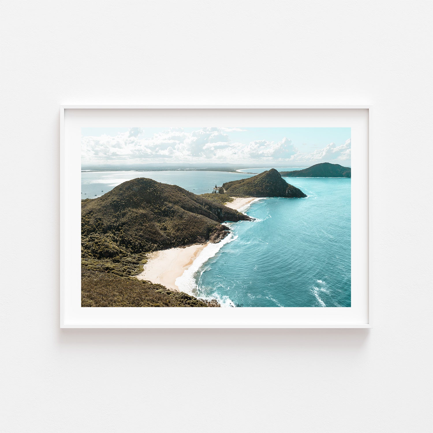 Port Stephens coastal landscape in white frame - Australian seascape photography wall art