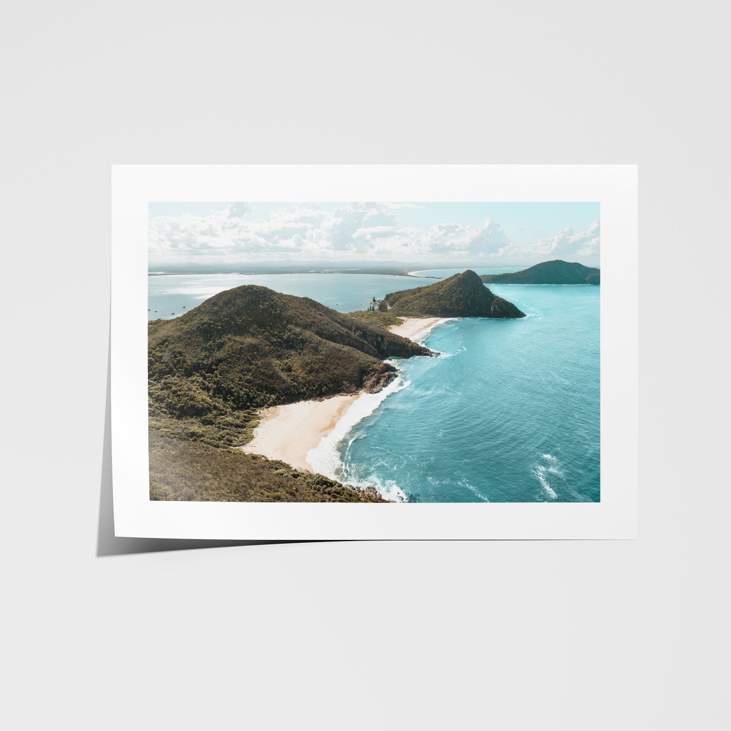 Port Stephens coastal landscape in white frame - serene beach photography wall art