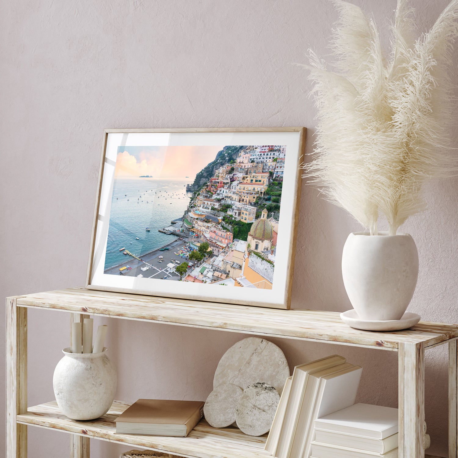 Positano sunset Italian coastline in oak frame - Mediterranean coastal landscape wall art