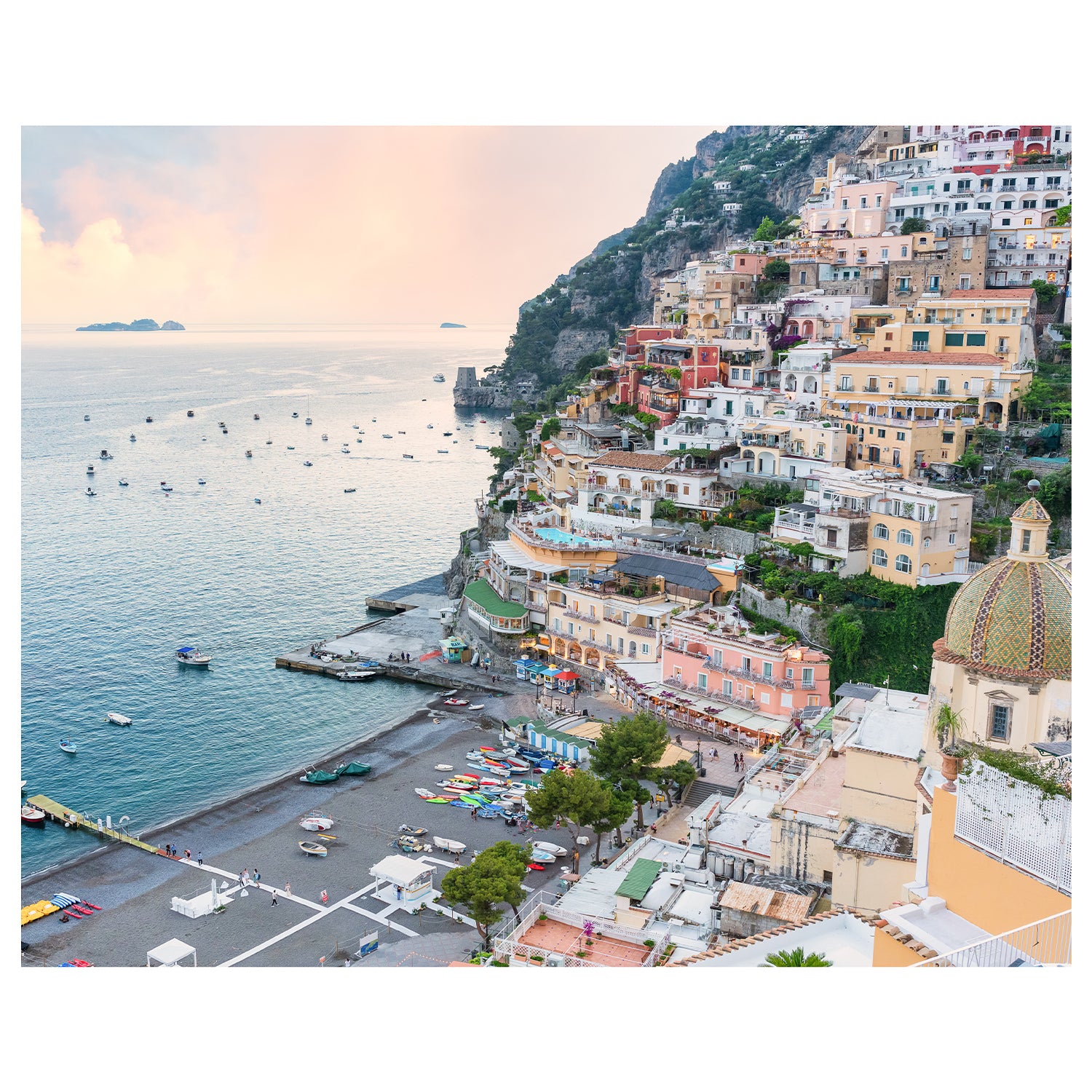 Positano coastal village sunset landscape - Italian Amalfi Coast art print for modern