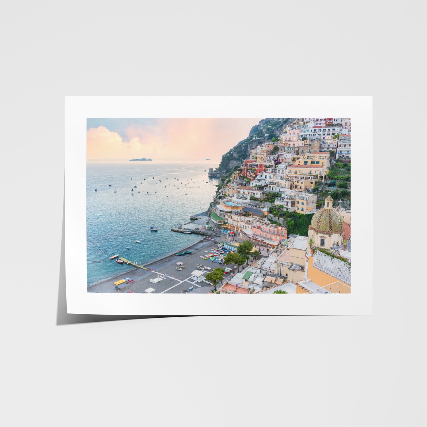 Positano coastal village sunset in white frame - Italian Mediterranean landscape wall art