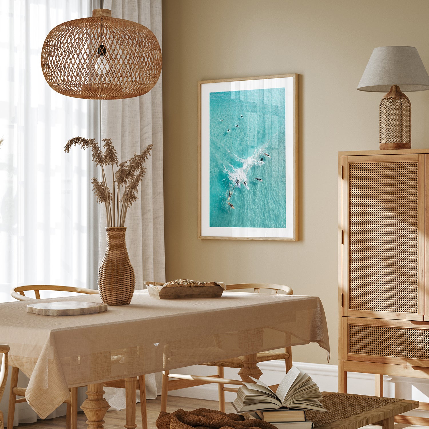 Ocean wave with surfers aerial view in oak frame - coastal lifestyle wall art