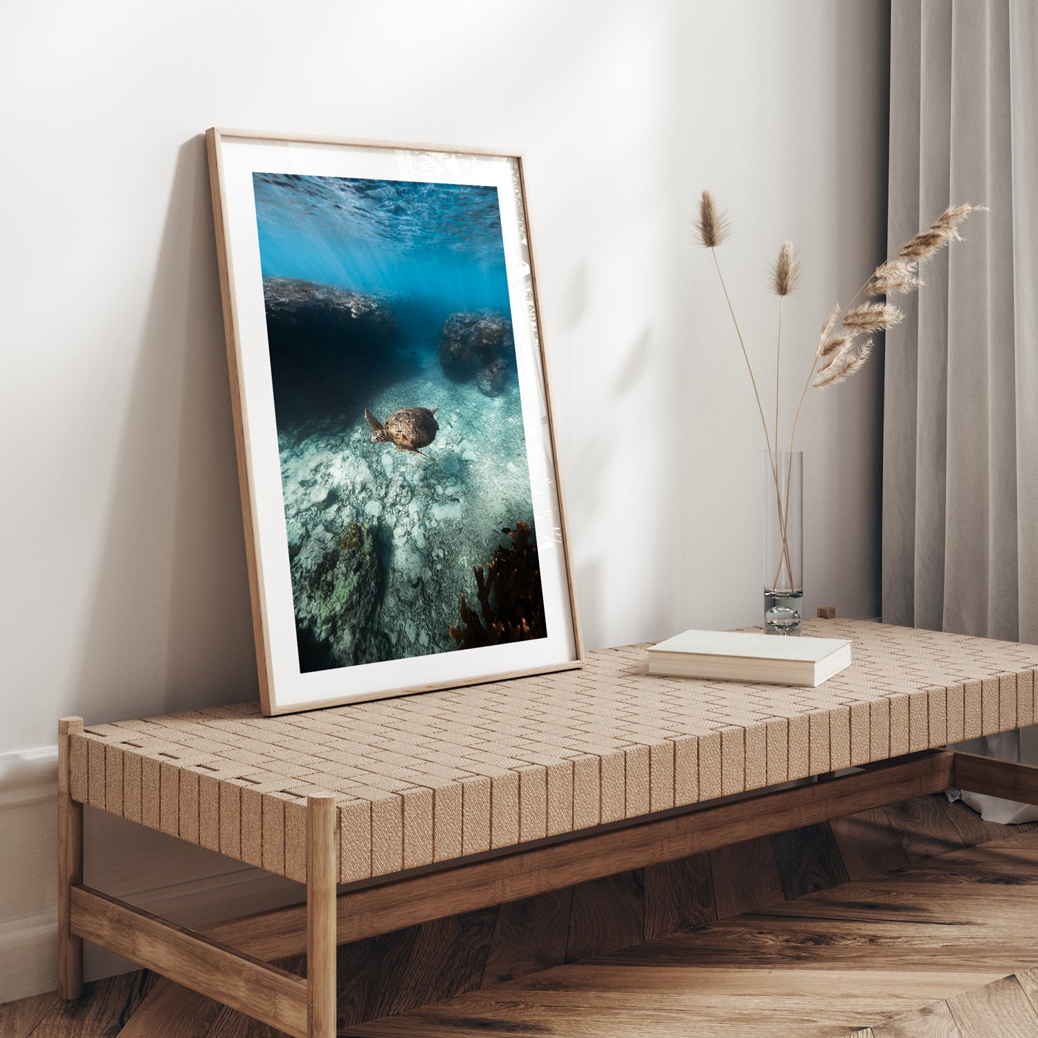 Great Barrier Reef marine life swimming - framed underwater art print in oak frame