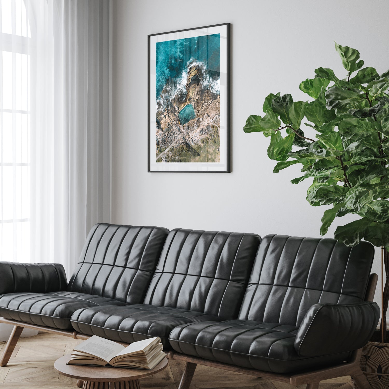 Rocky Haven seascape with black frame - coastal landscape wall art for modern Australian