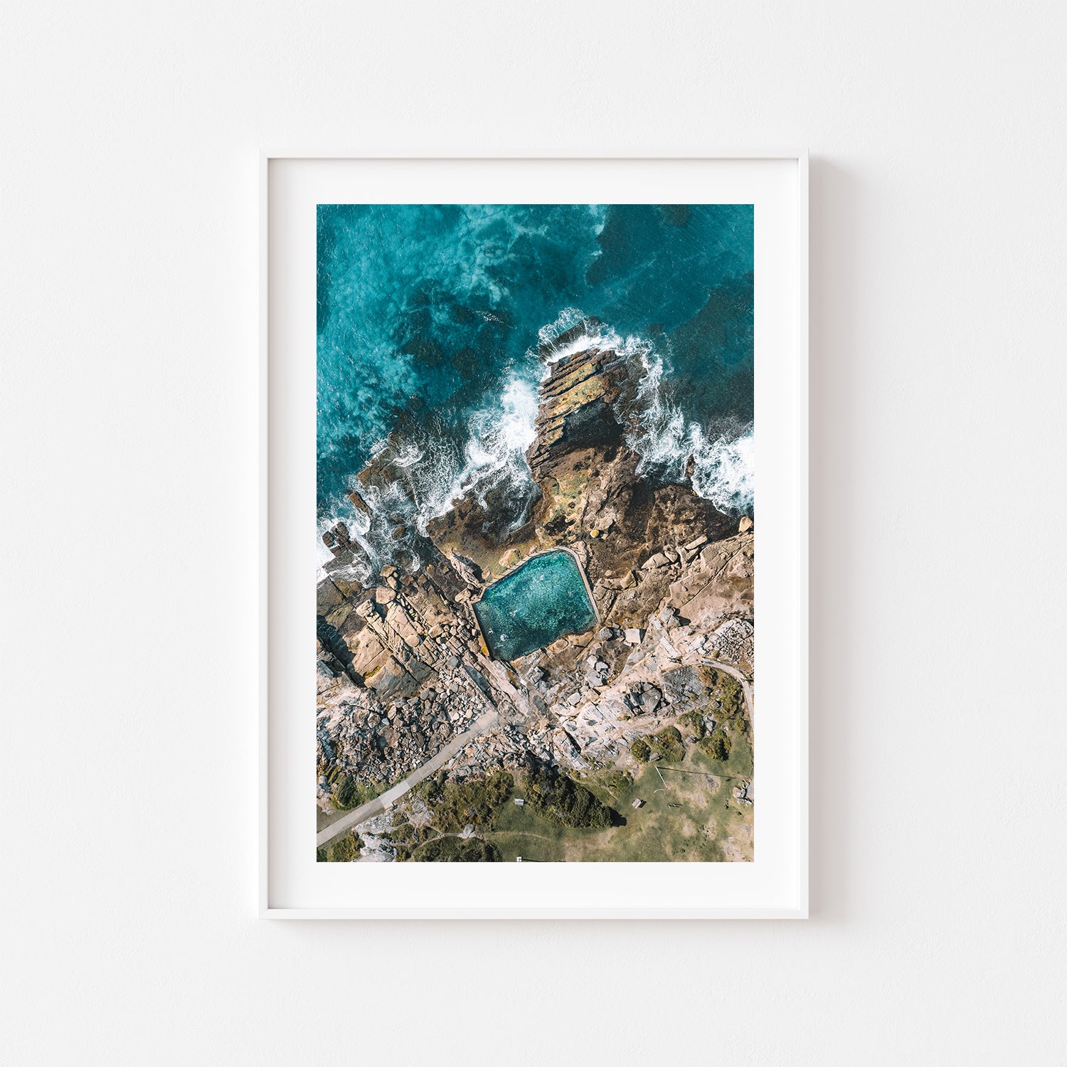 Maroubra rocky seascape in white frame - coastal landscape art print for modern homes