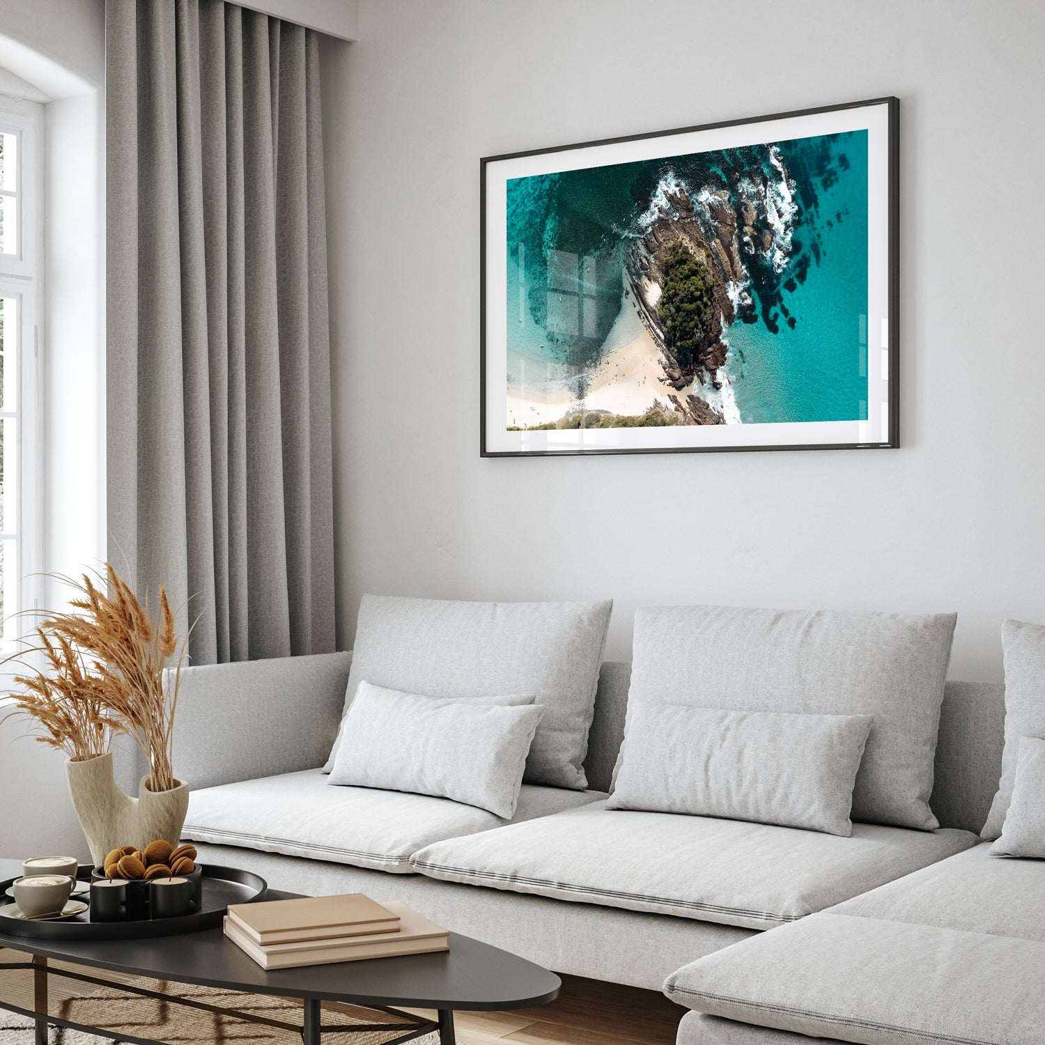 Rocky coastal retreat landscape in black frame - serene seascape wall art for modern homes