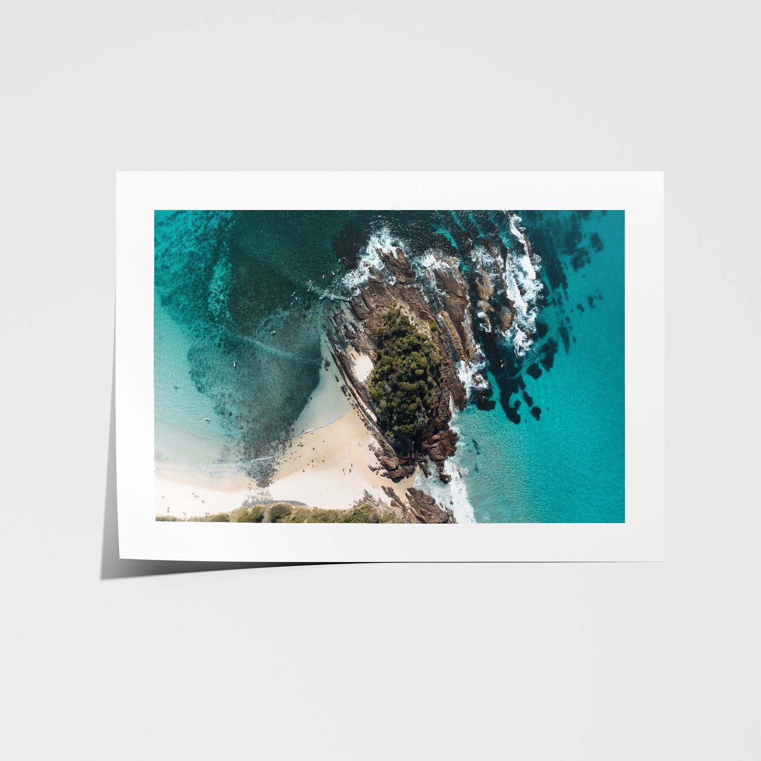 Rocky coastal landscape in white frame - serene seascape photography wall art for coastal