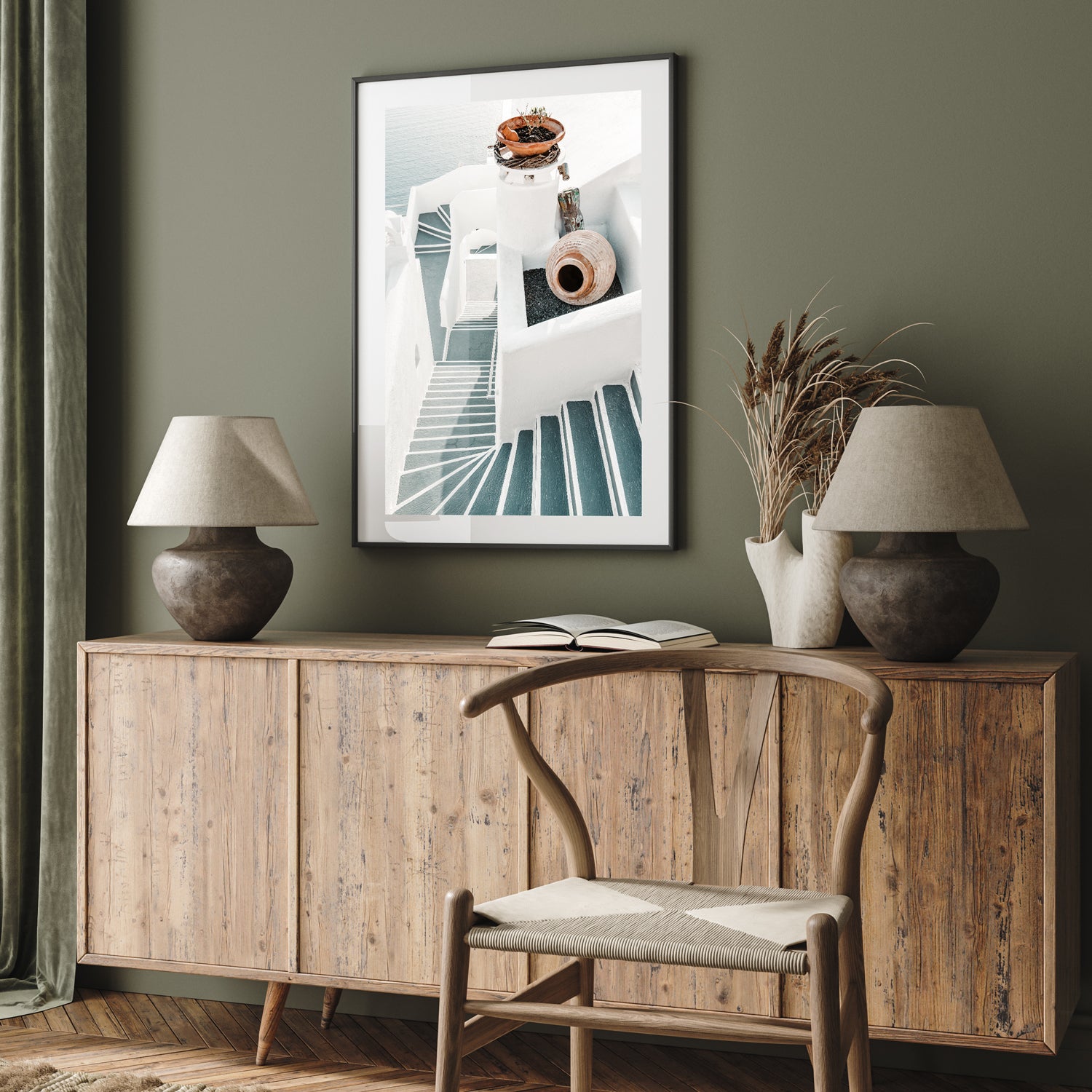 Santorini white stairways in black frame - Mediterranean coastal photography wall art