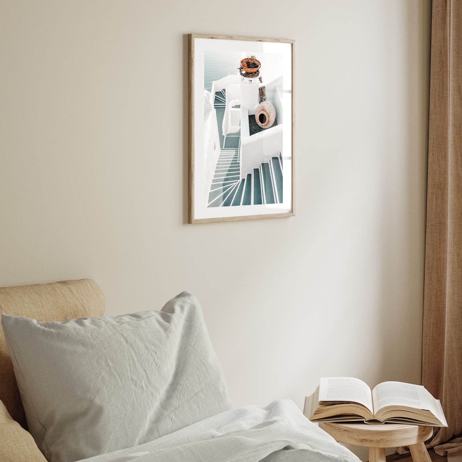 Santorini white stairways in oak frame - Mediterranean coastal architecture wall art