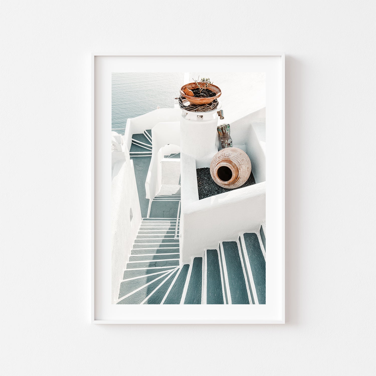 Santorini white stairways in white frame - Mediterranean coastal photography wall art