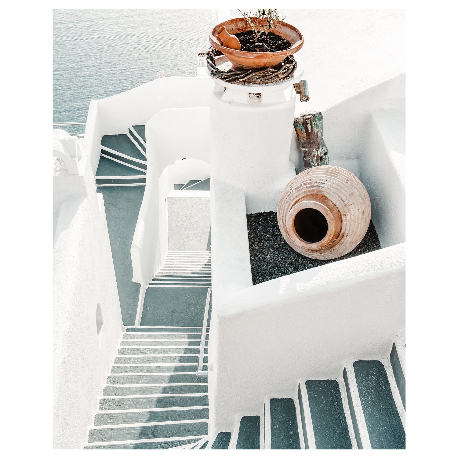 Santorini whitewashed stairways seascape - Mediterranean coastal wall art for modern homes
