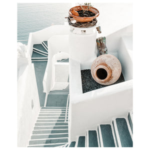 Santorini whitewashed stairways seascape - Mediterranean coastal wall art for modern homes