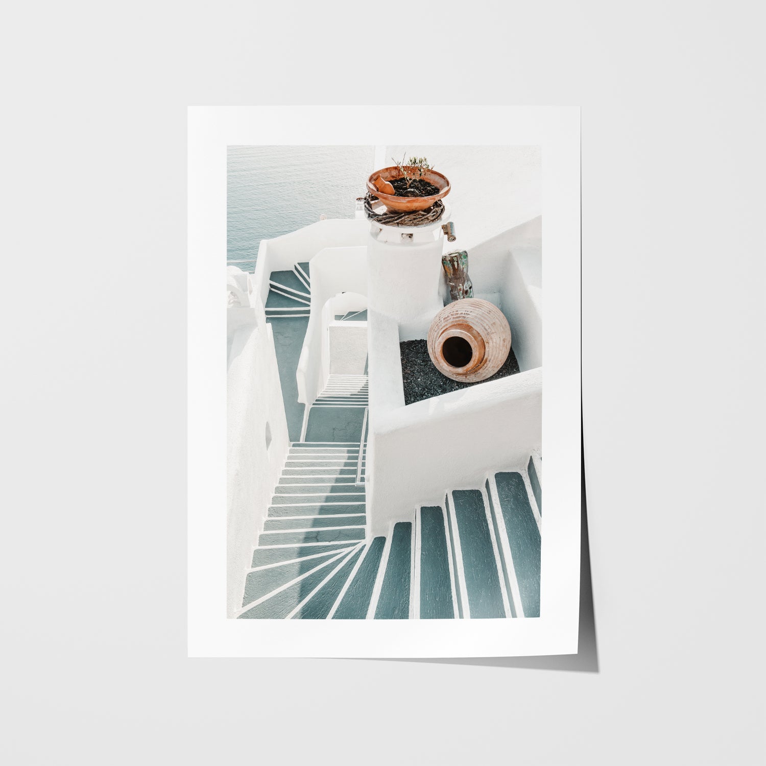 Santorini white stairways coastal scene in white frame - Mediterranean architecture wall