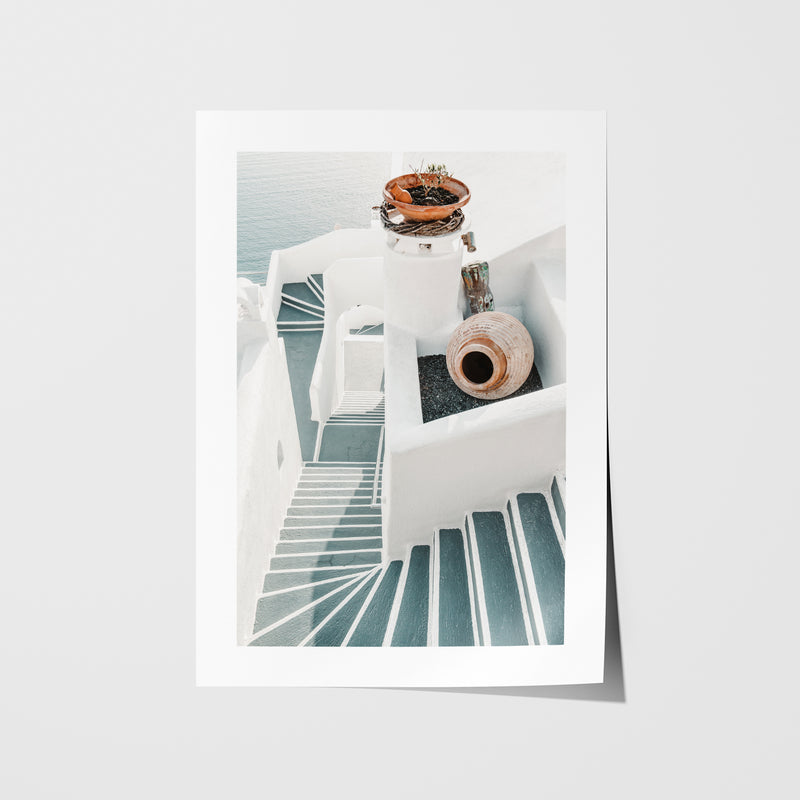 Santorini white stairways coastal scene in white frame - Mediterranean architecture wall