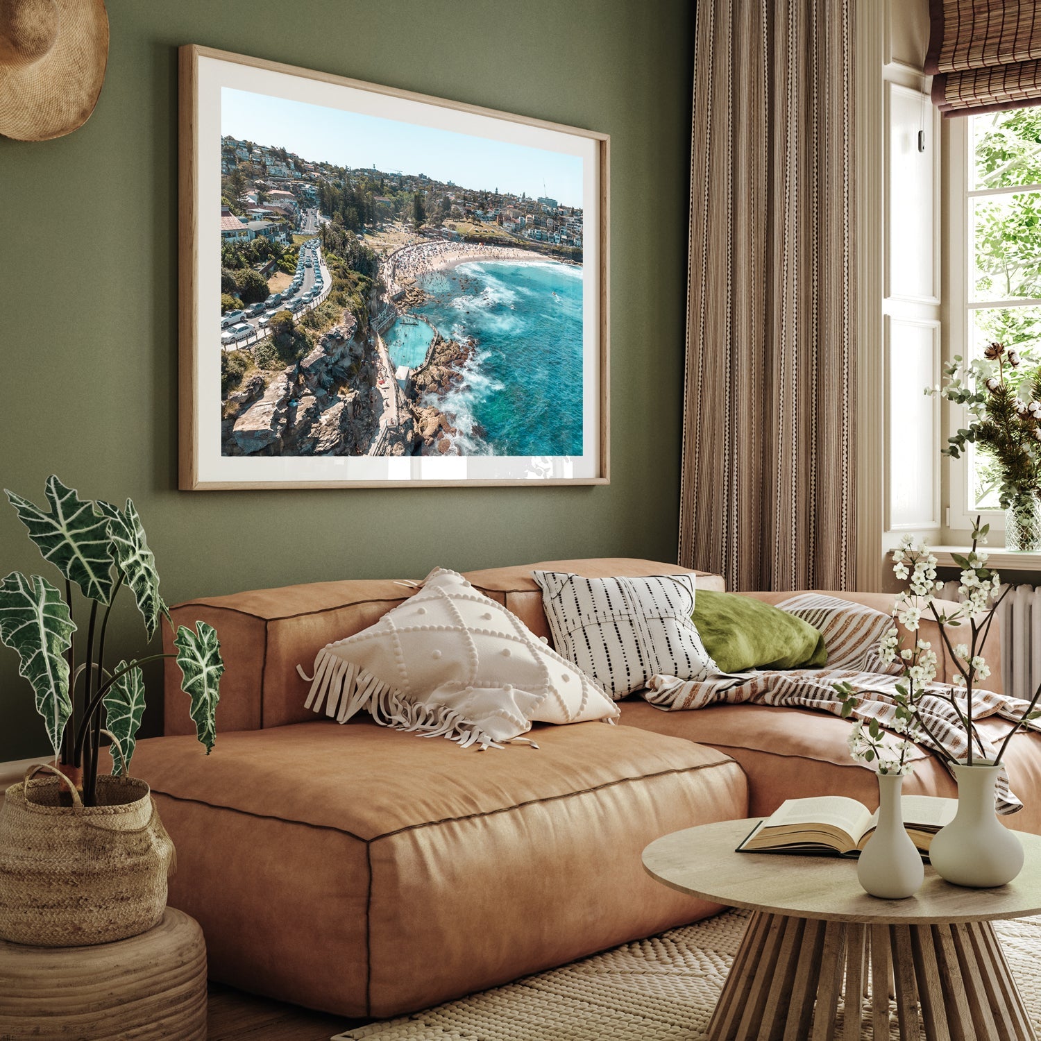 Bronte Beach sunny coastal landscape in oak frame - Saturday morning beach wall art