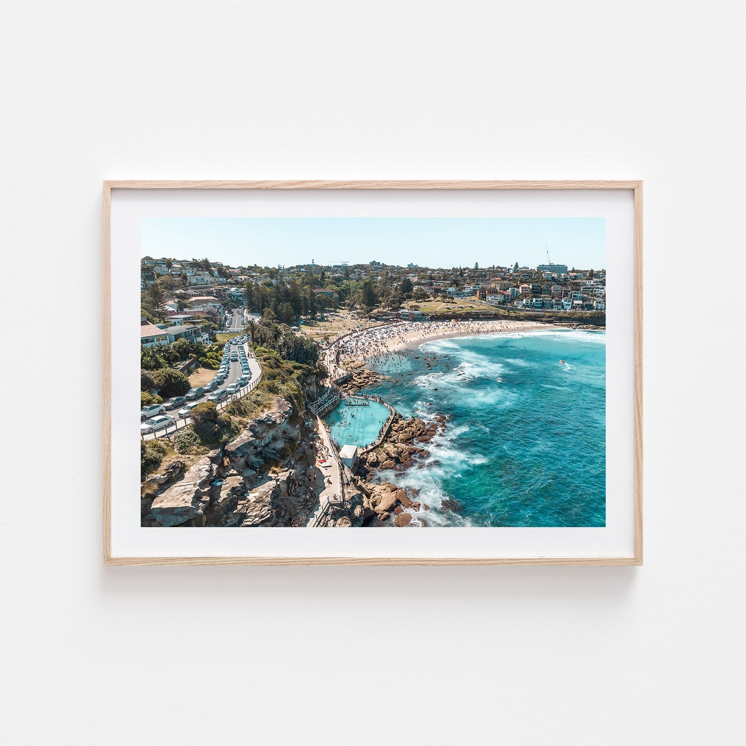Bronte coastal seascape in oak frame - Saturday Sun wall art for modern beach homes