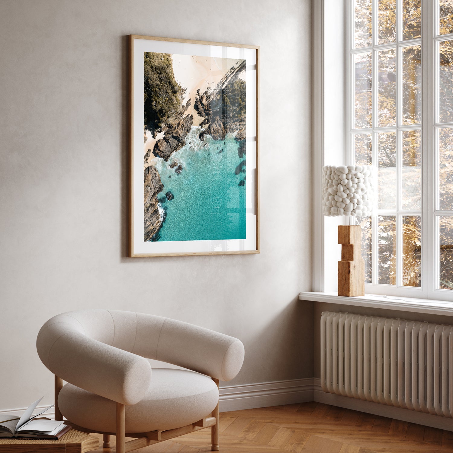 Seal Rocks coastal seascape in oak frame - Australian beach landscape wall art