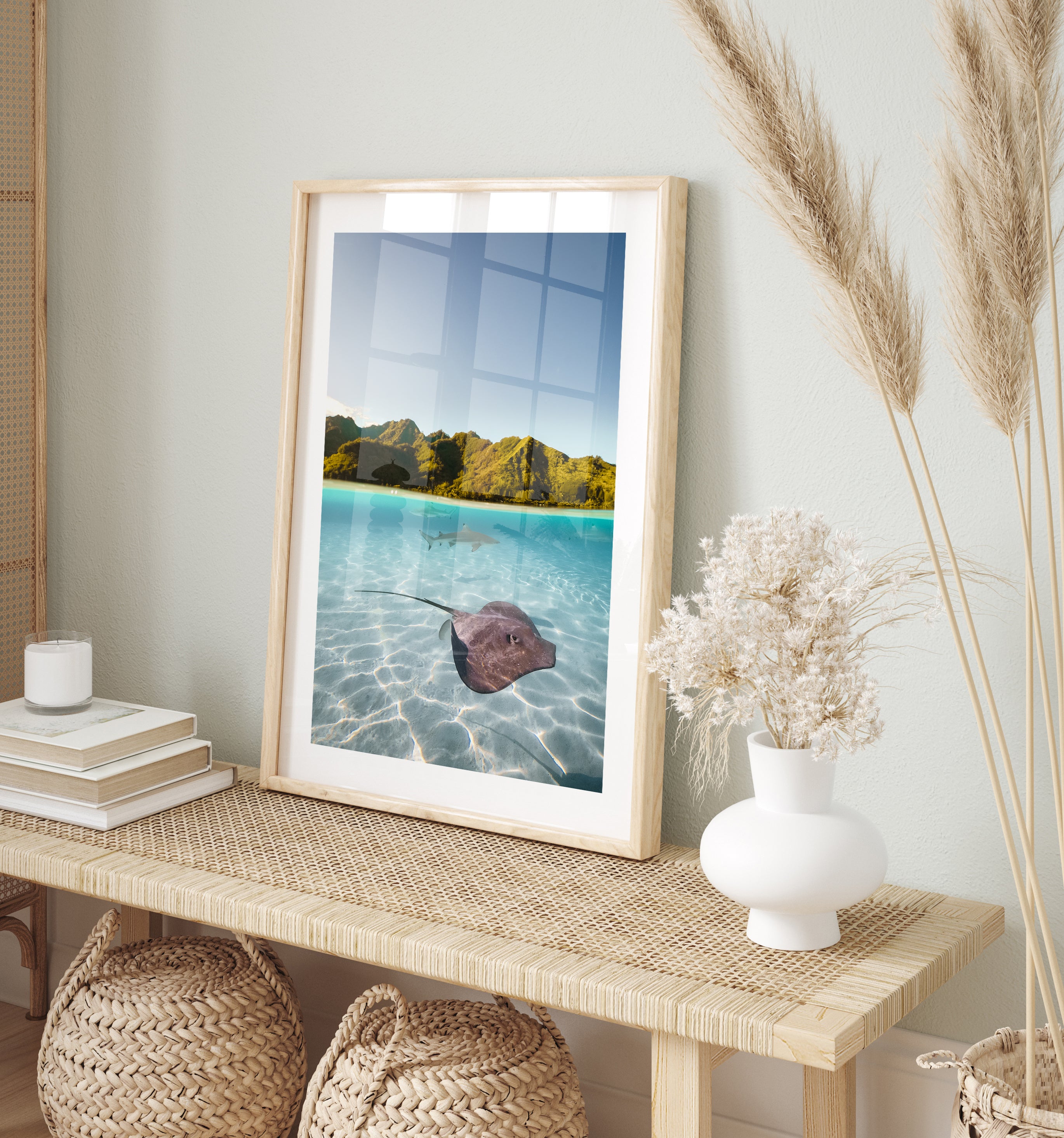 Swimming shark rays split composition in black frame - marine life coastal wall art