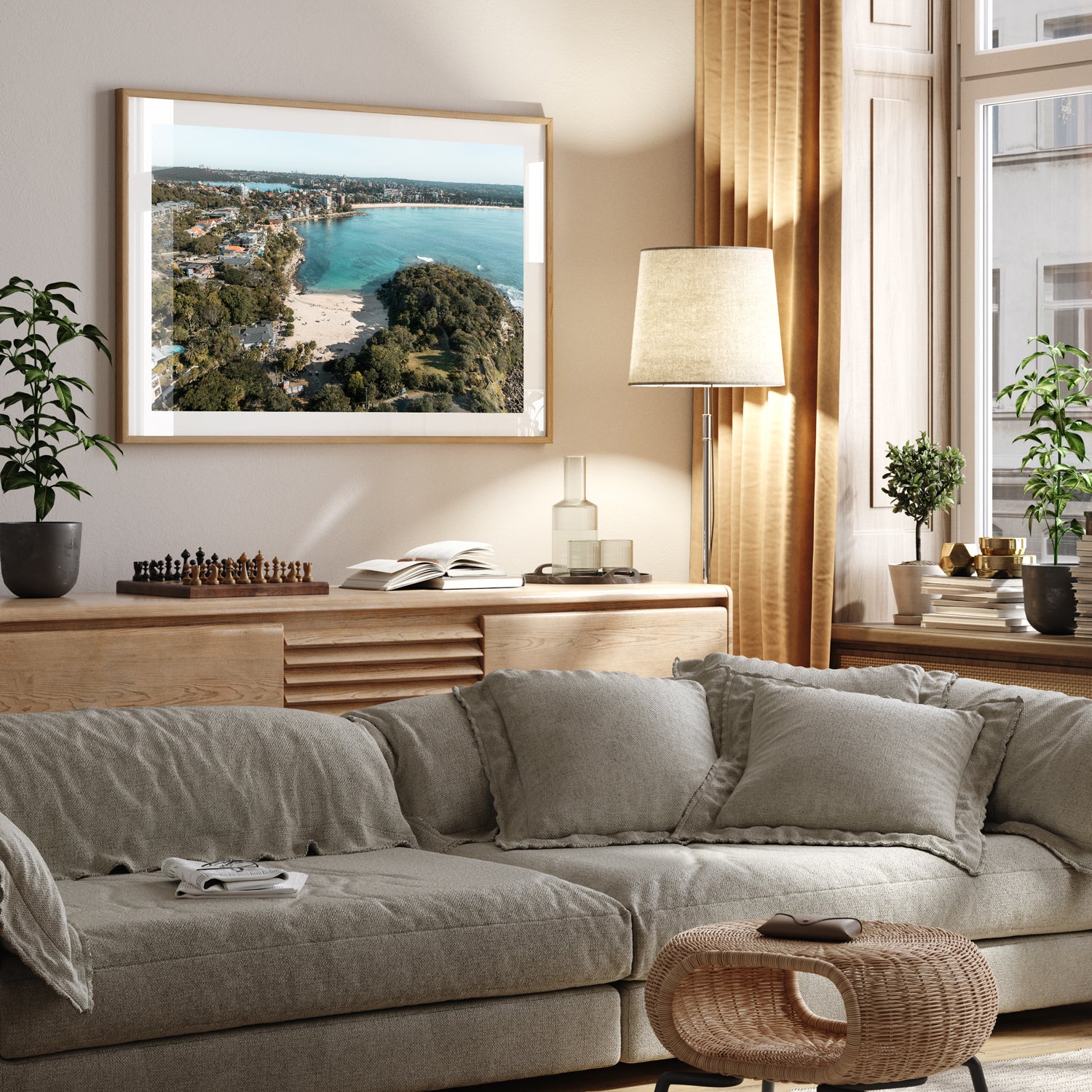 Shelly to Manly coastal walk seascape in oak frame - Sydney beach photography wall art