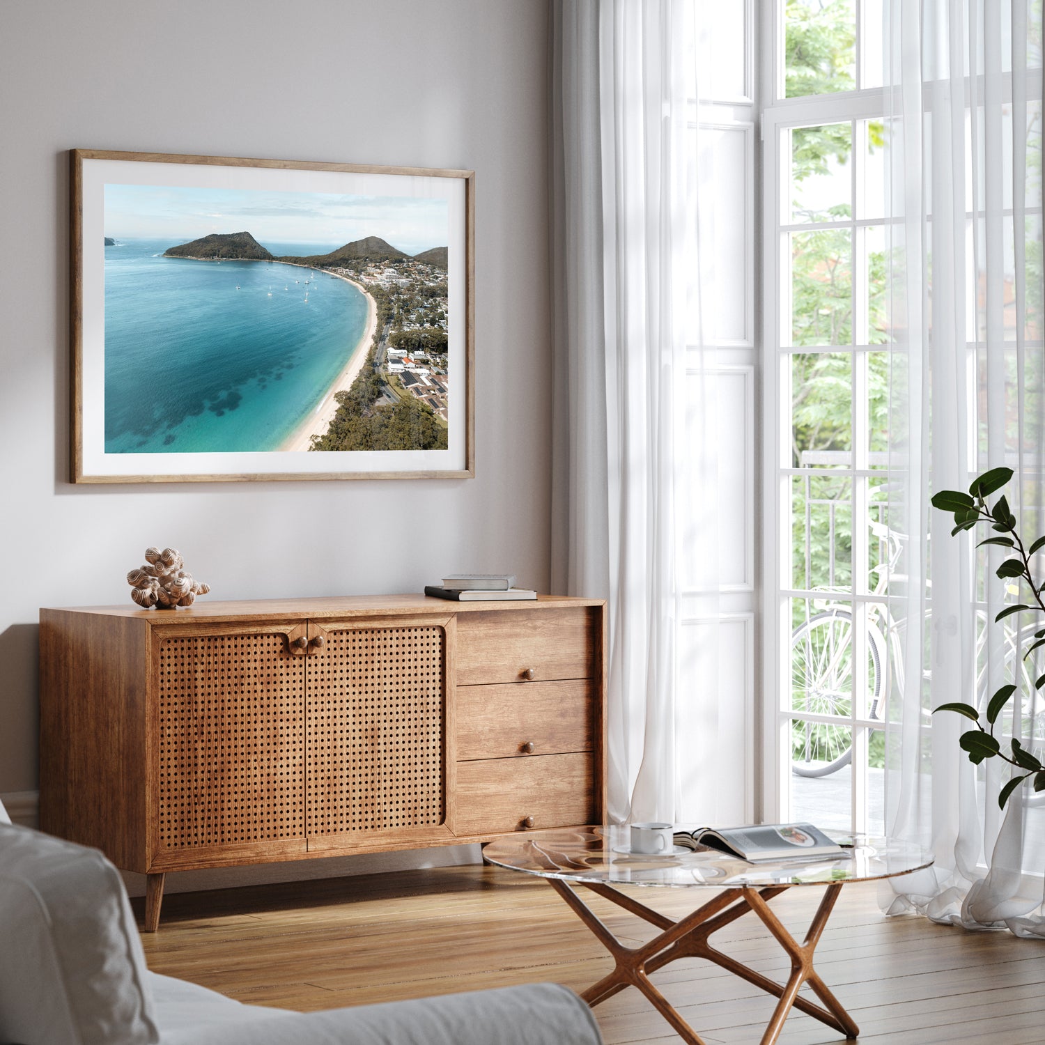 Shoal Bay aerial seascape in oak frame - Port Stephens coastal photography wall art