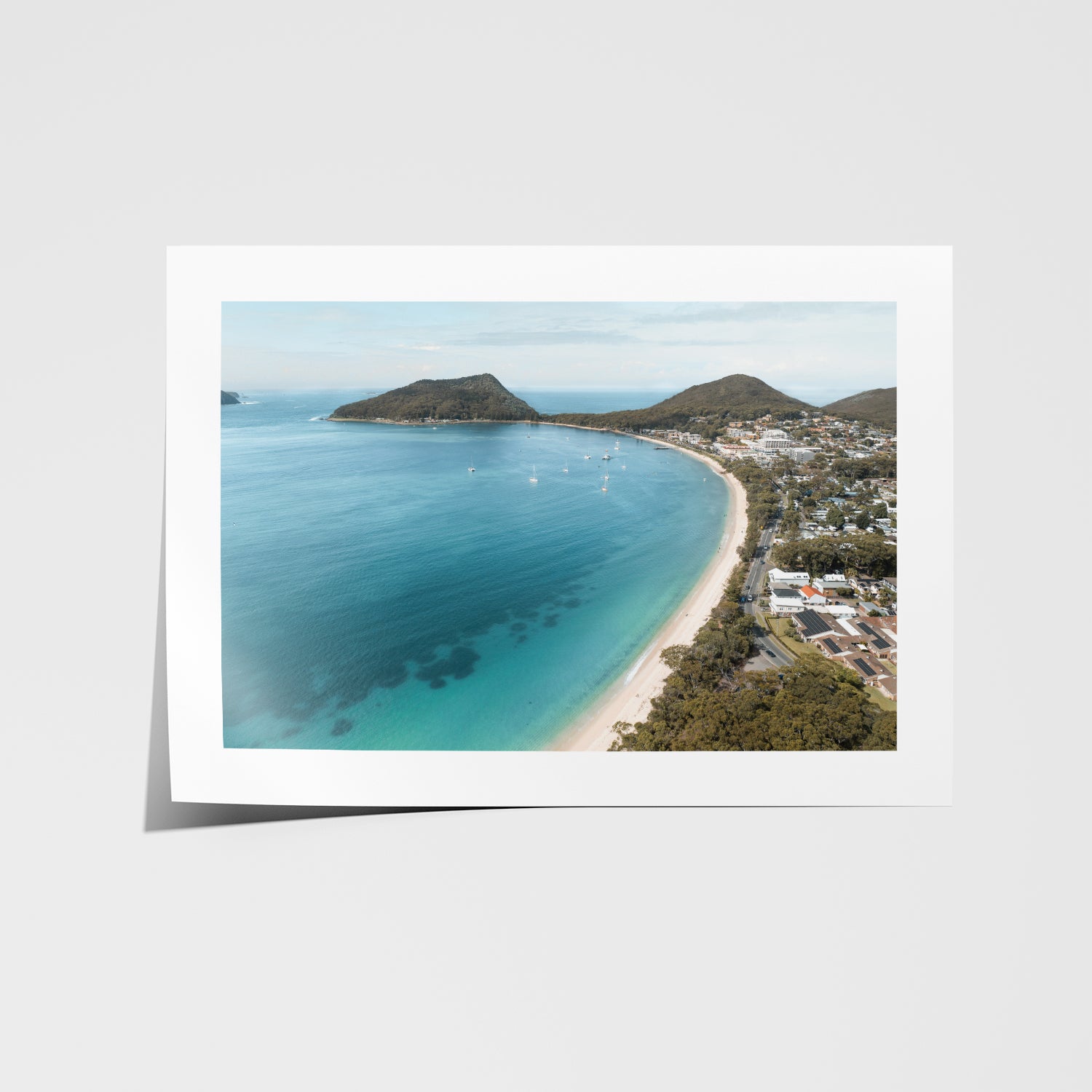 Shoal Bay coastal landscape in white frame - Port Stephens beach wall art