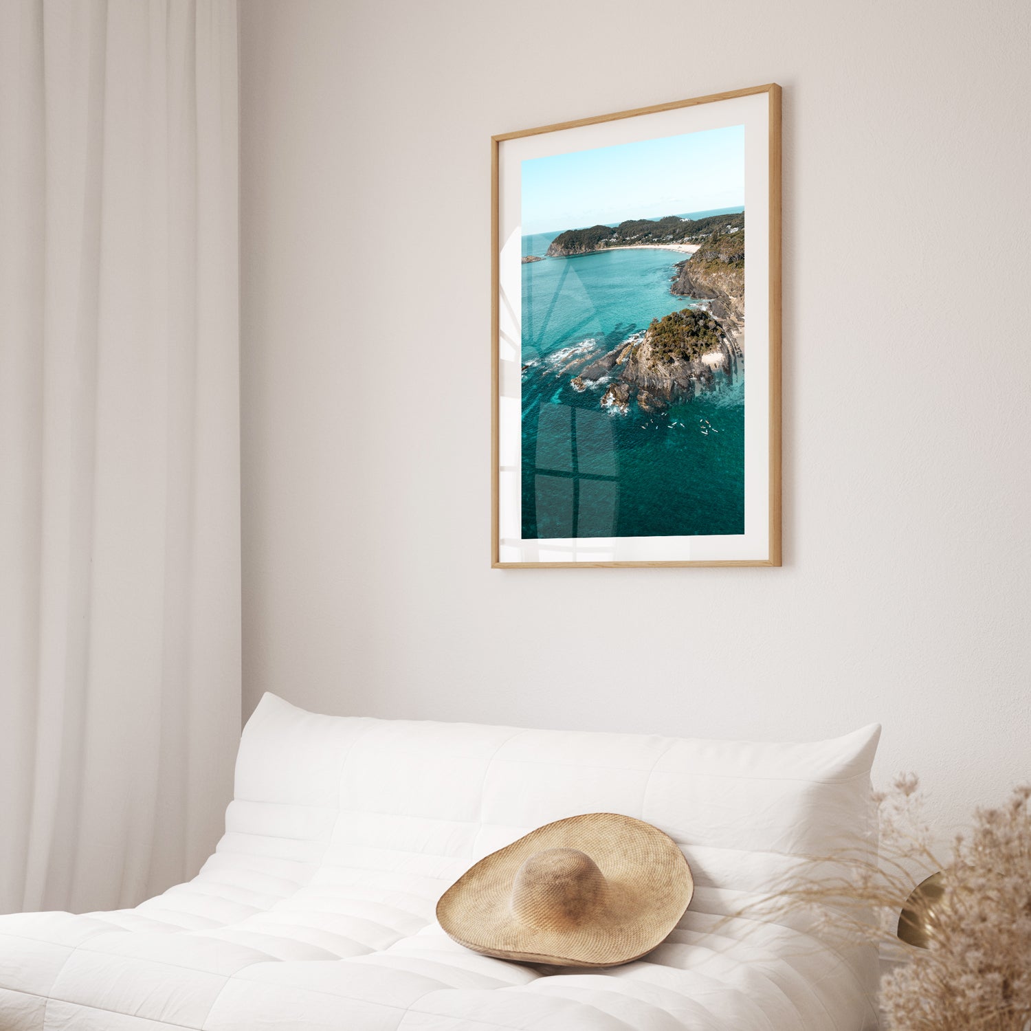 Sugarloaf Bay coastal landscape in oak frame - Sydney harbour wall art