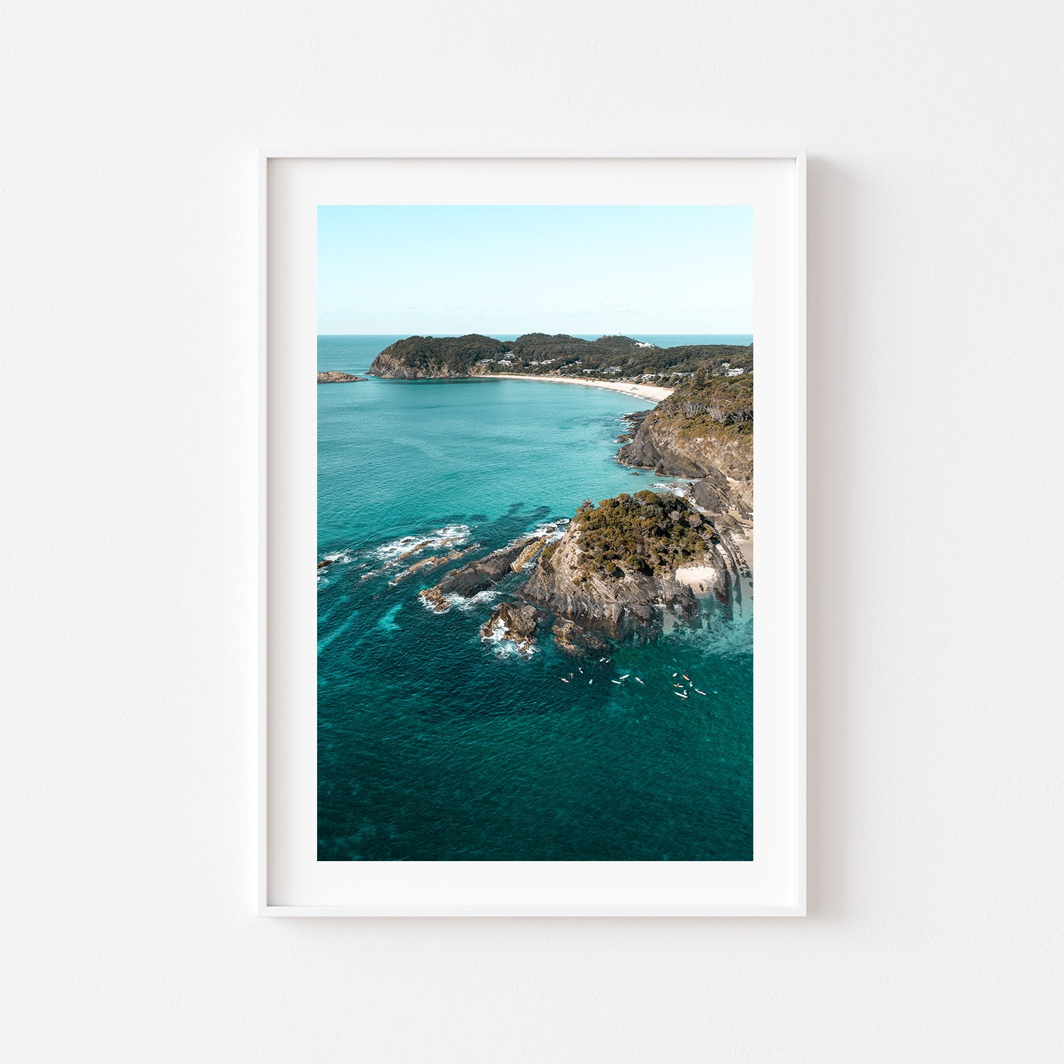 Sugarloaf Bay aerial seascape in white frame - coastal landscape wall art