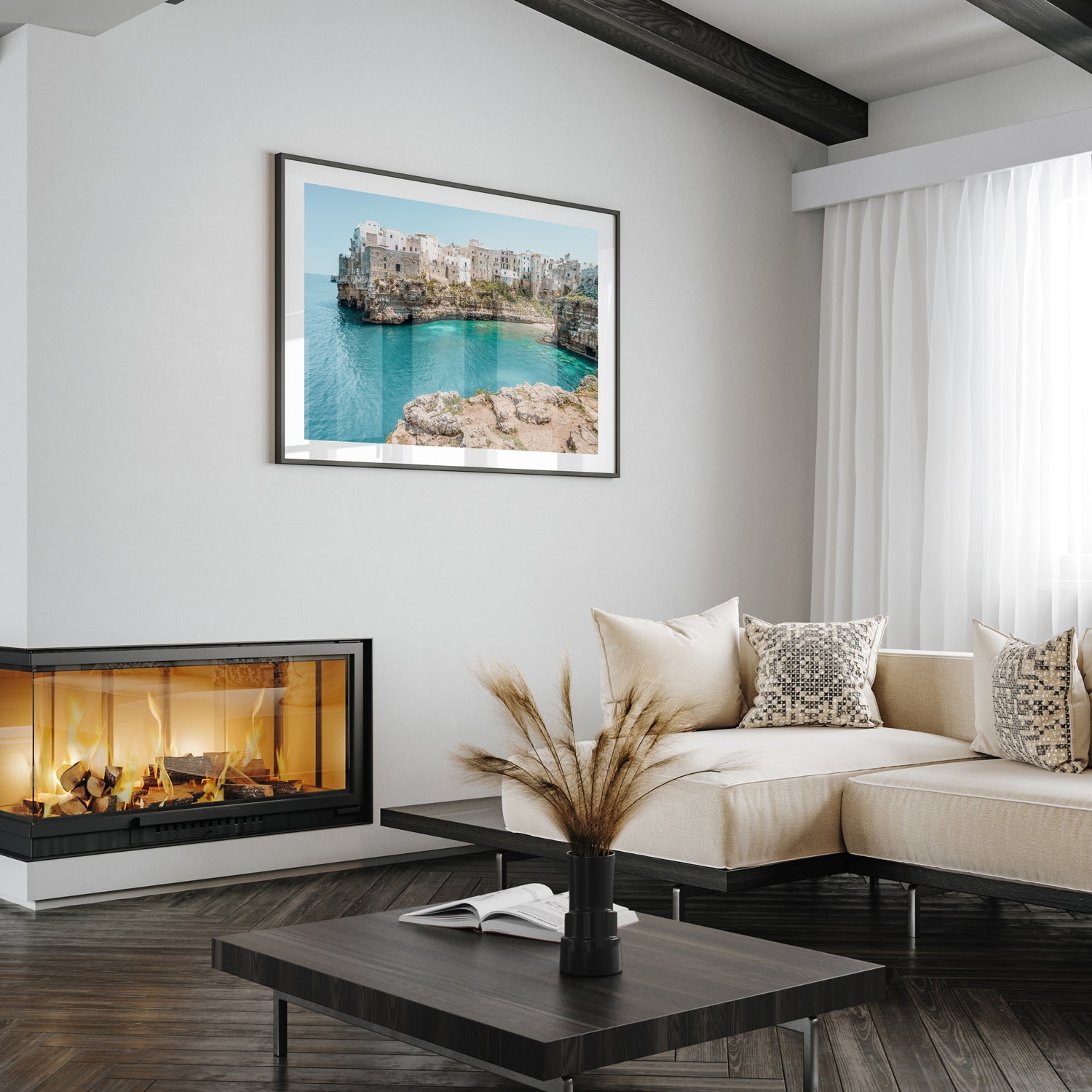 Summer in Puglia coastal landscape in black frame - Mediterranean seascape wall art