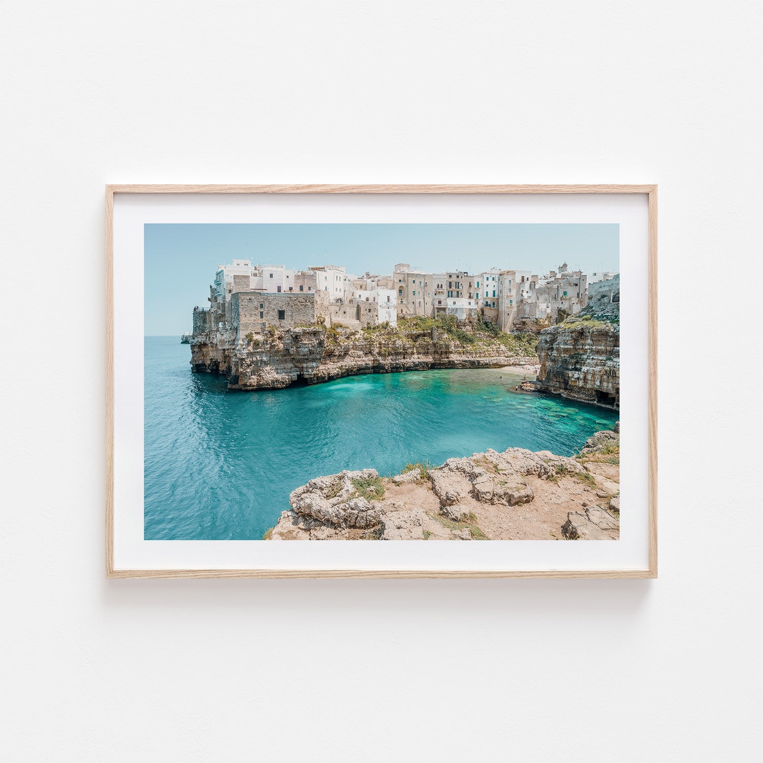 Summer in Puglia coastal landscape in oak frame - Mediterranean beach wall art