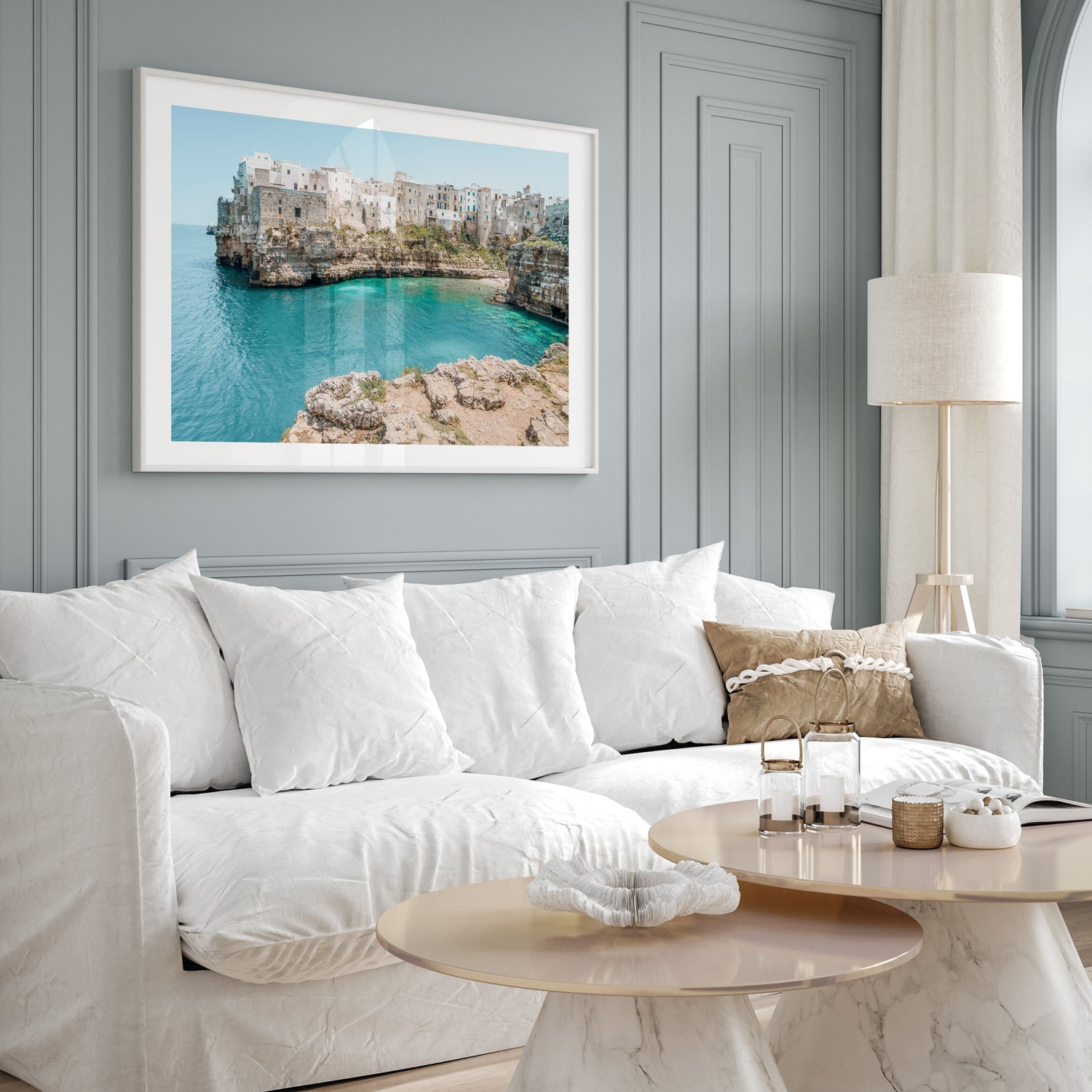 Summer in Puglia coastal landscape in white frame - Mediterranean seascape wall art