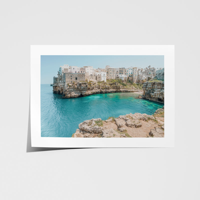 Summer in Puglia coastal landscape in white frame - Mediterranean beach wall art