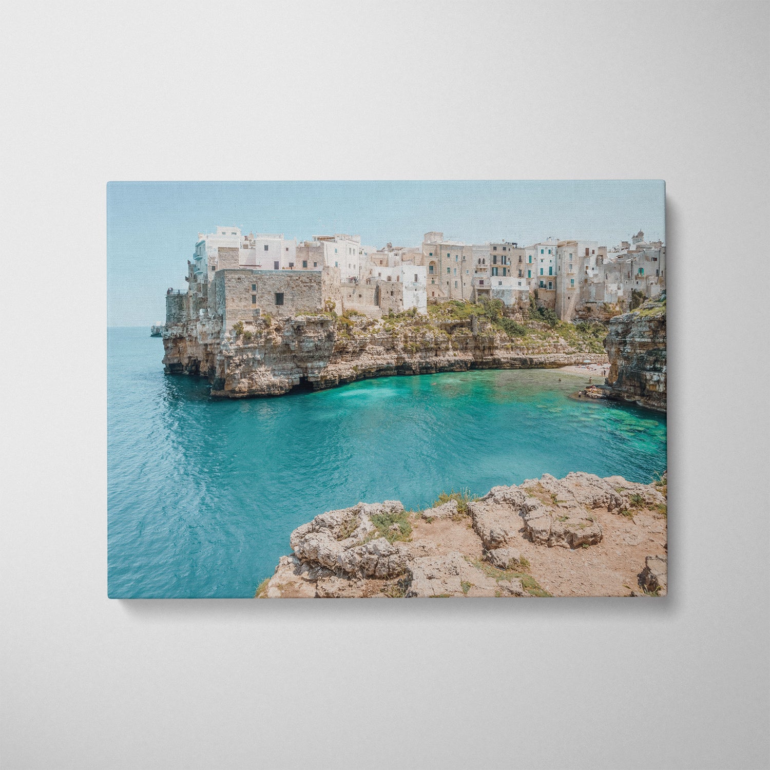 Summer in Puglia Italian coastal scene in white frame - Mediterranean landscape wall art