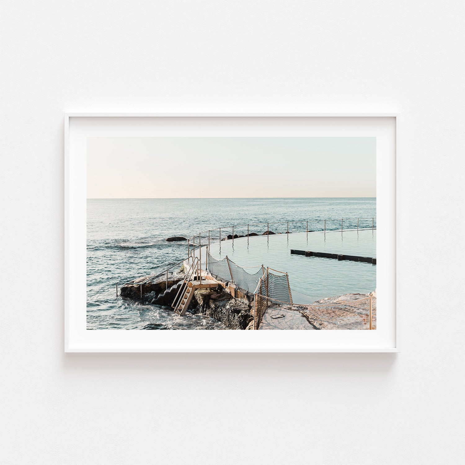 Bronte sun-drenched coastal landscape in white frame - beach photography wall art