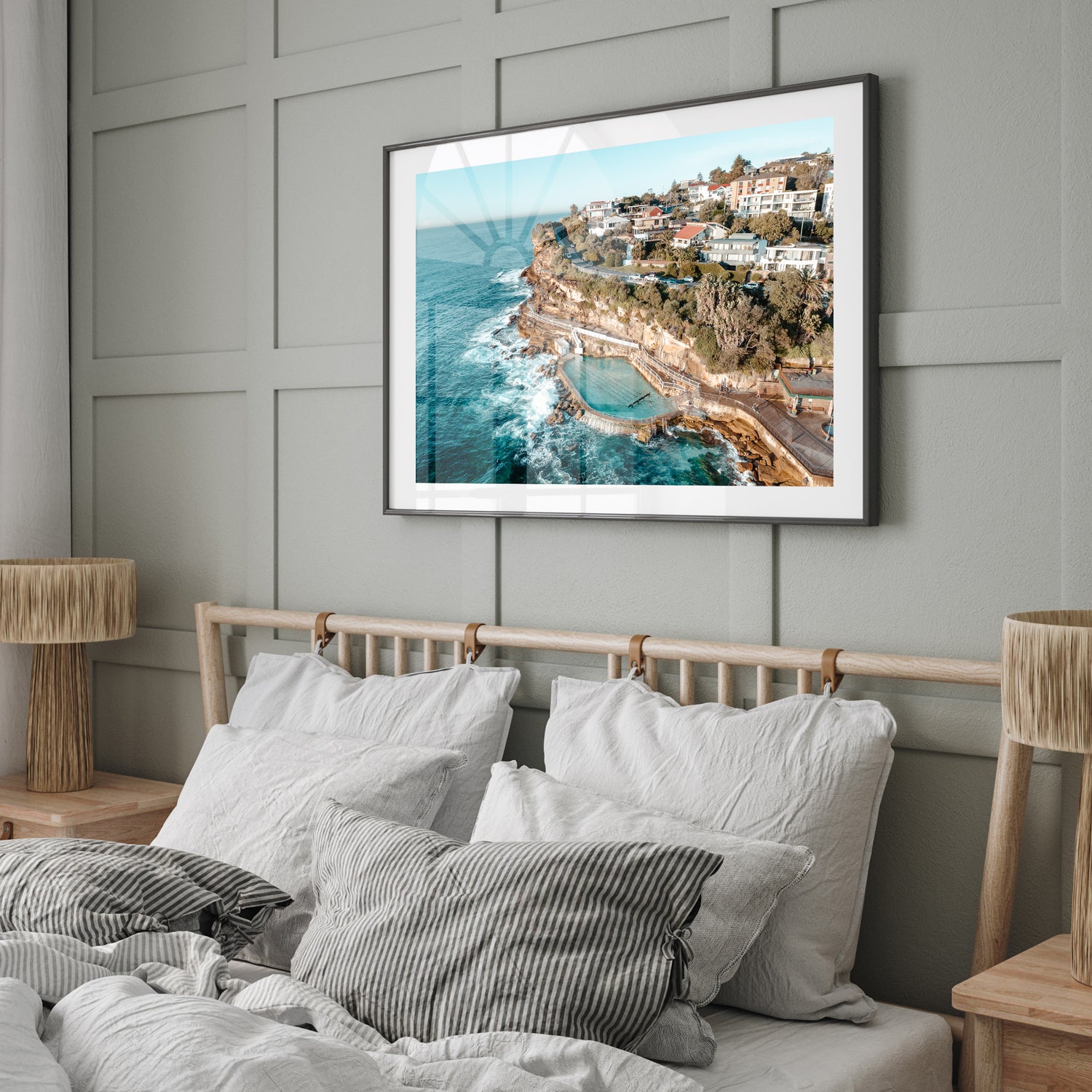 Bronte Beach sunlit seascape in black frame - coastal photography wall art