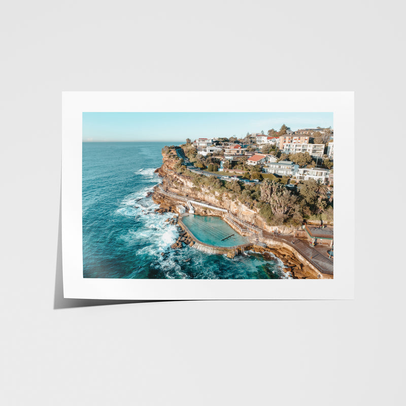 Bronte Beach sunlit coastal landscape in white frame - Sydney beach wall art